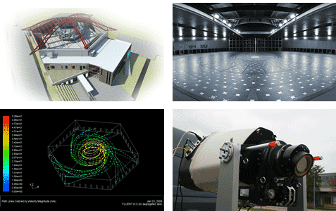 Clockwise from top left: WindEEE facility in Ontario, Inside the WindEEE facility, WindScanner with Continuous Wave Lidar, Flow modelling of tornado systems that can be generated in WindEEE